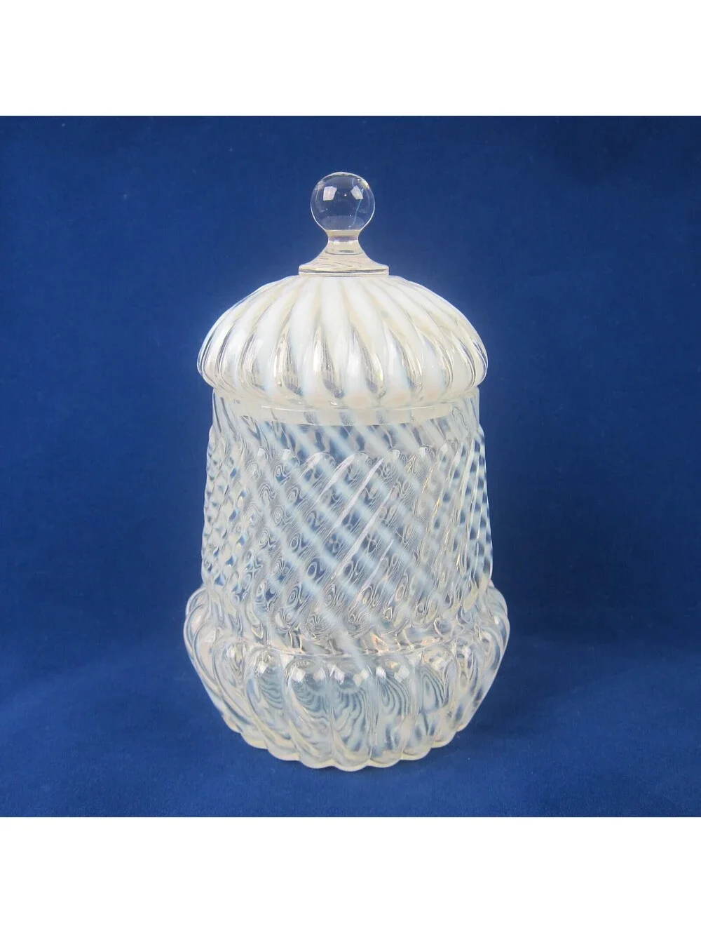Antique Northwood Chrysanthemum Swirl Opalescent White Glass Jar with Lid RARE